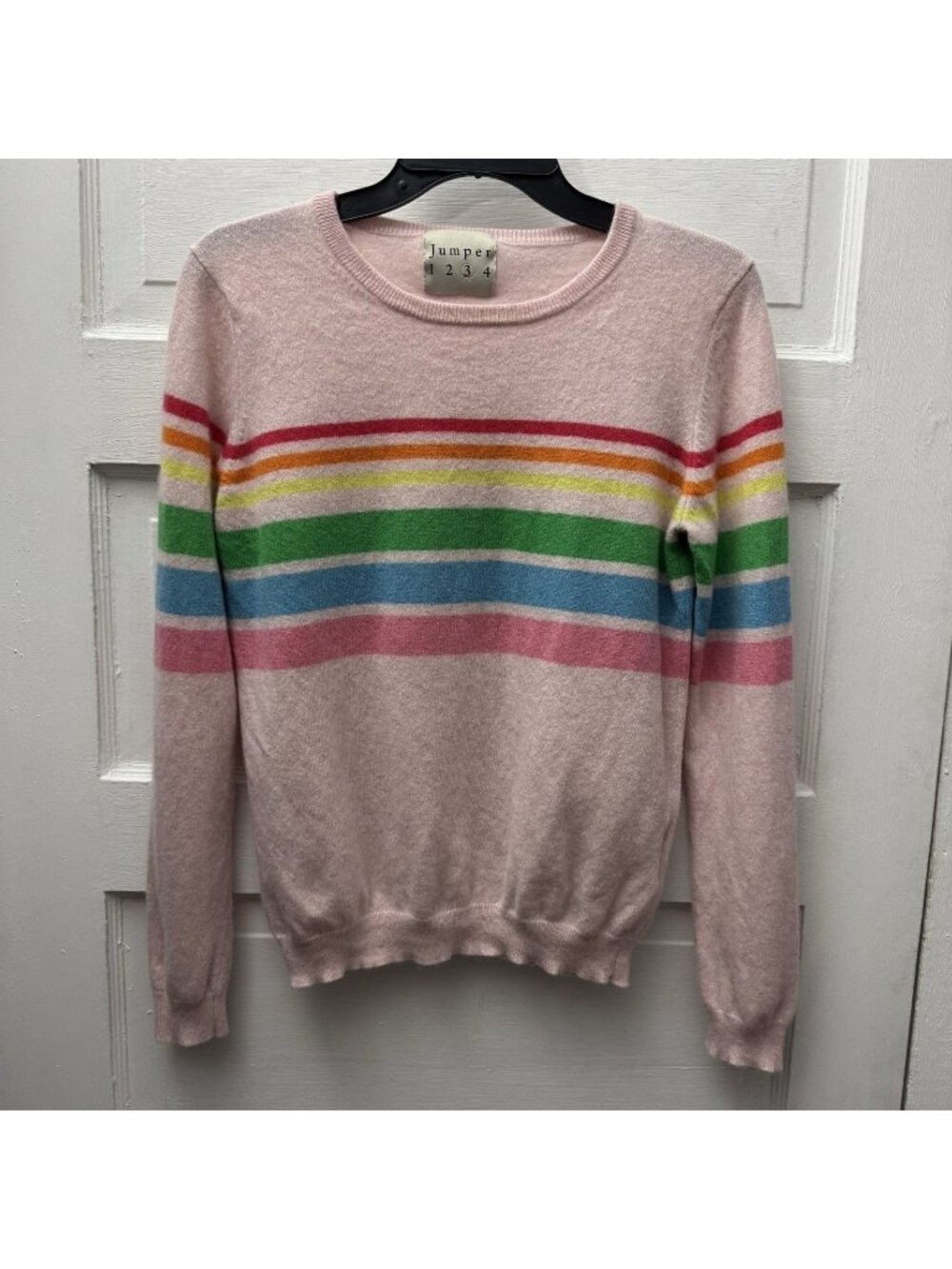Jumper 1234 Medium 100% Cashmere Rainbow Stripe Sweater Pink Crew Neck